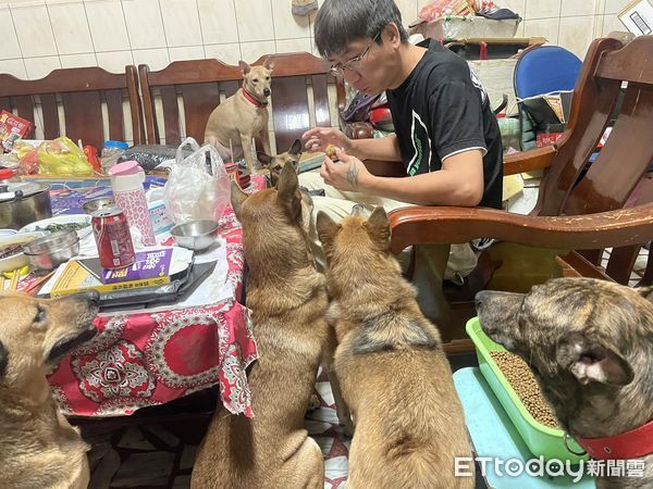 ▲爸爸客廳吃飯「6汪熱情眼神包圍」　她嘆肉都不敢夾：壓力太大了（圖／網友郭小姐提供，請勿隨意翻拍，以免侵權。）